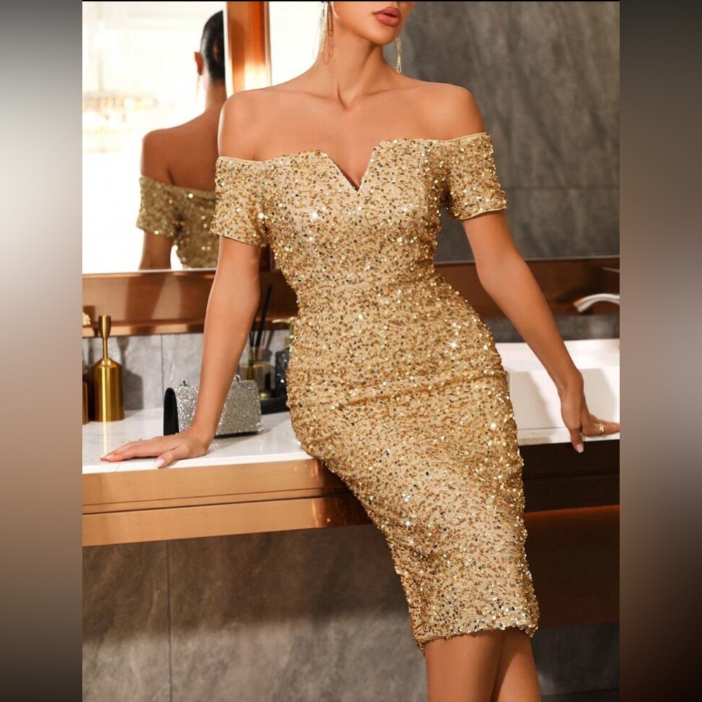 Elegant Gold Sequin Off-Shoulder Dress